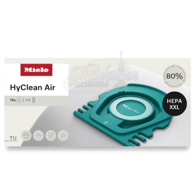 Miele HyClean Air HEPA XXL vacuum filter replacement bag packaging, featuring a teal and white bag graphic on a clean white background with product details and icons.