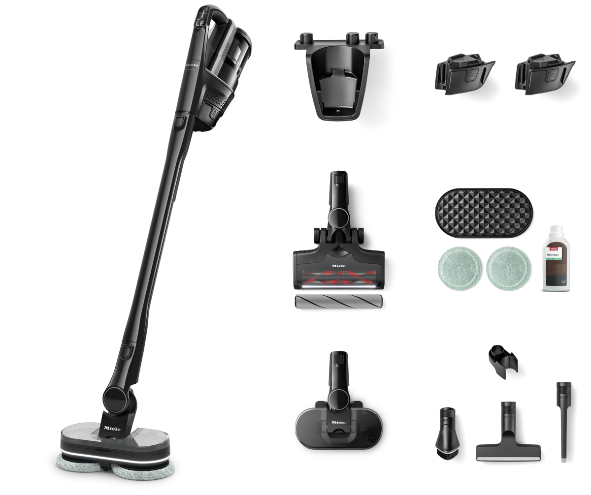 Miele Triflex HX3 Aqua Plus cordless stick vacuum in Obsidian Black with two batteries